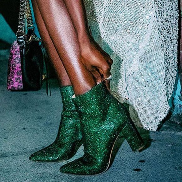 Shoes - HP💃🔥 Emerald Rhinestone Embellished Pointed Toe Boots Ankle Booties Block Heel